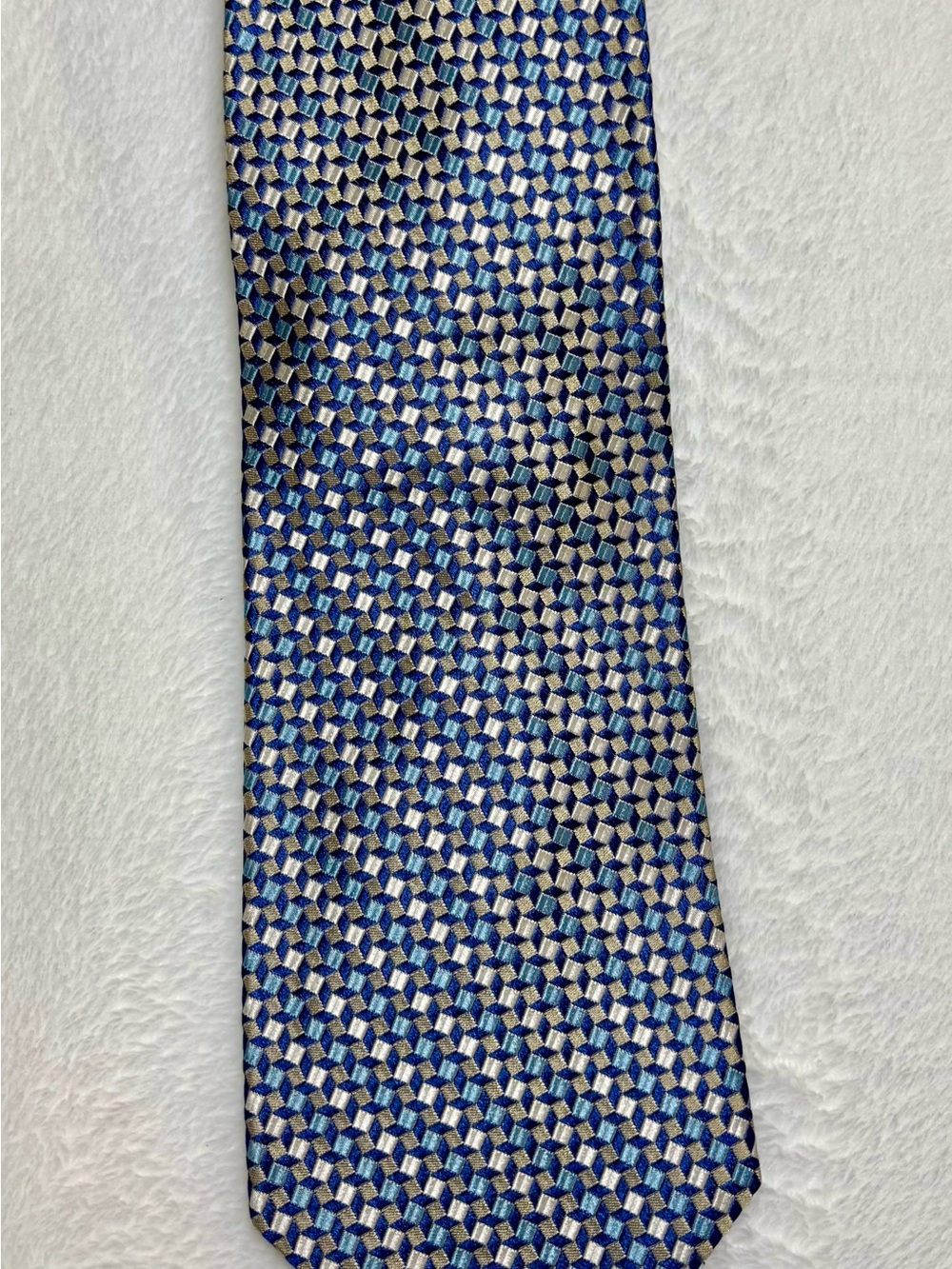 Roundtree & Yorke Men's Blue Silver Geometric Silk Tie Woven Handmade Extra Long